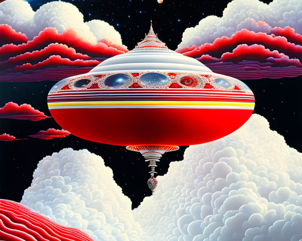 Surreal landscape with red UFO over red hills