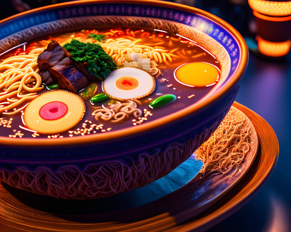 Colorful Ramen Bowl with Noodles, Pork, Egg, and Green Onions in Lantern Light