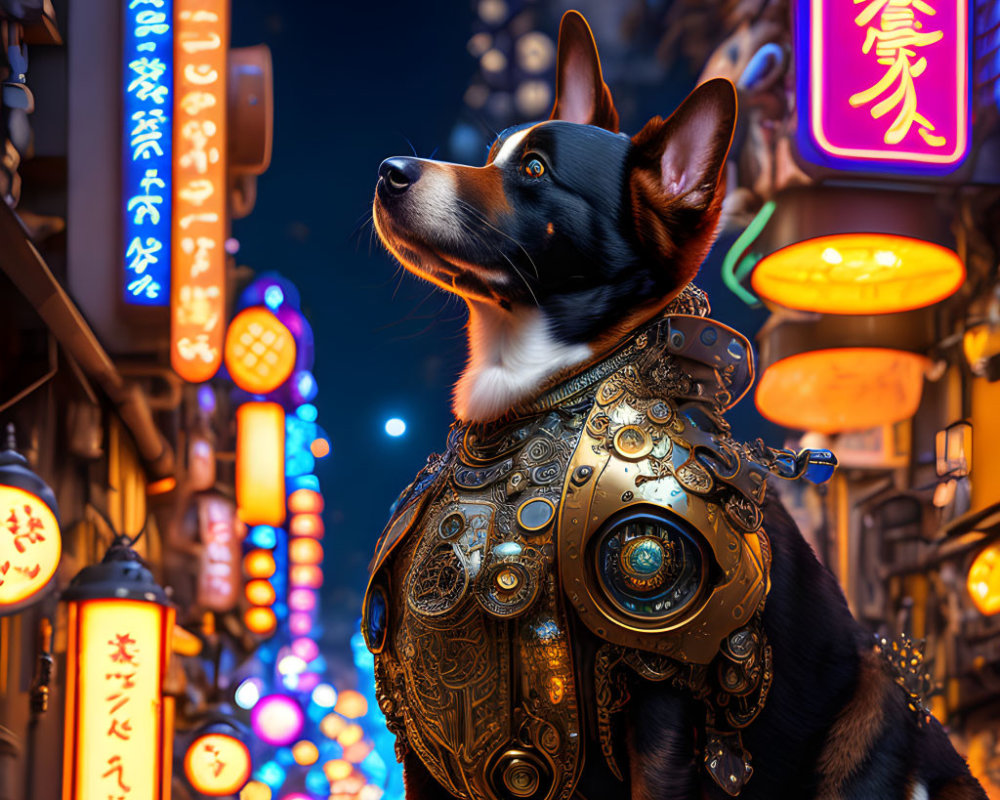 Regal dog in steampunk armor on neon-lit street at dusk