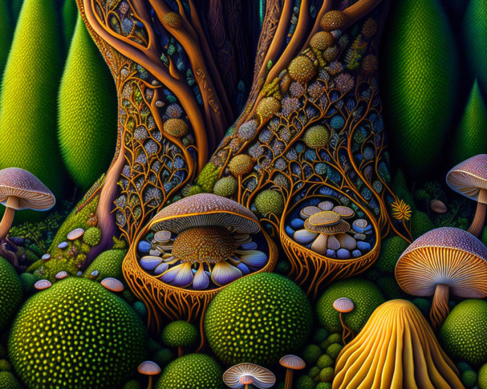 Detailed Vibrant Forest Scene with Colorful Trees, Mushrooms, and Mossy Hillocks