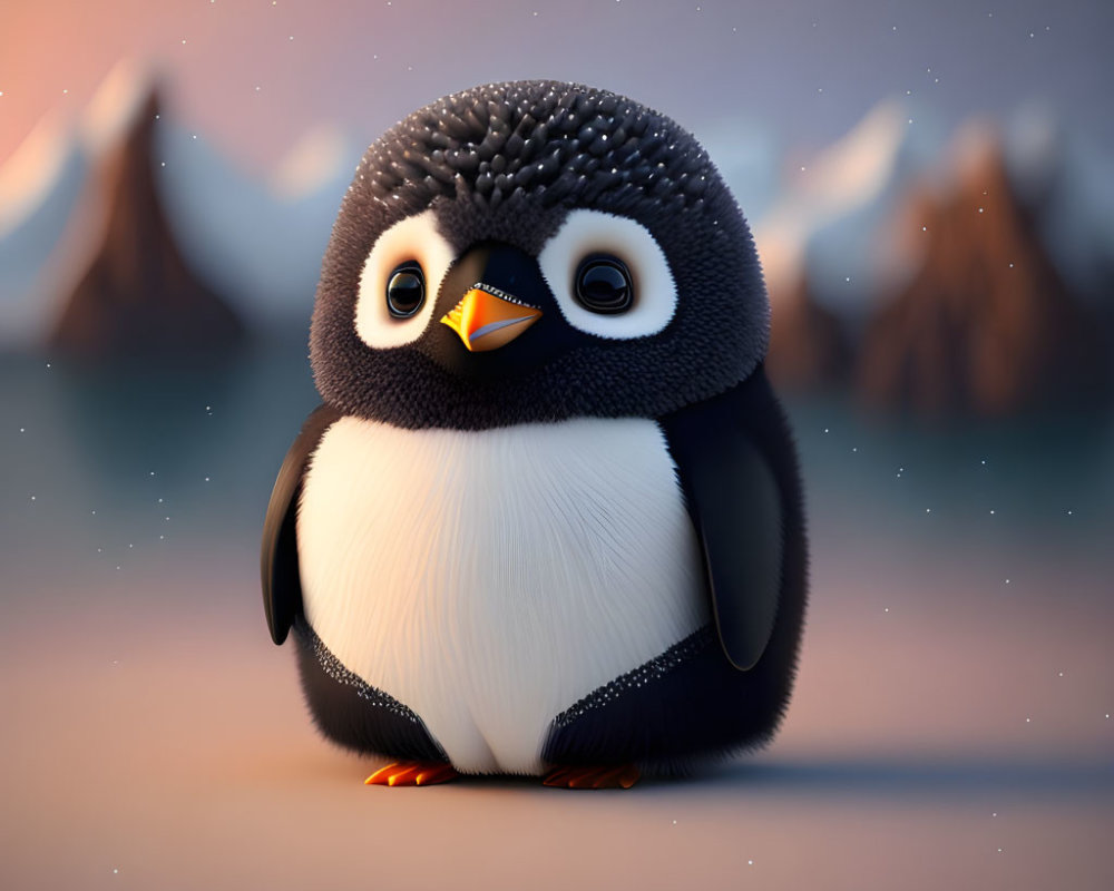 Stylized cute penguin illustration in snowy mountain scenery