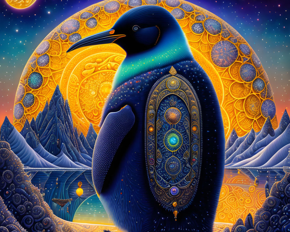 Stylized penguin illustration in celestial landscape