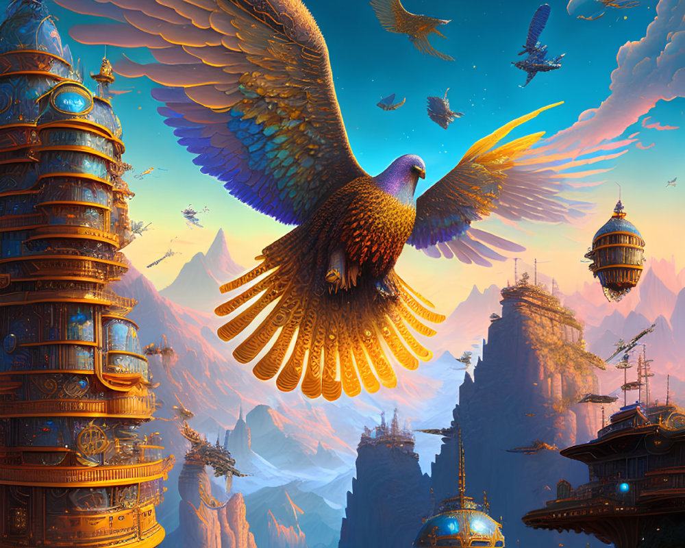 Giant eagle soaring over ornate towers and cliffs in fantastical landscape