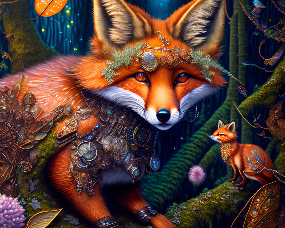 Mechanical-armor-clad fox with smaller companion in mystical forest setting