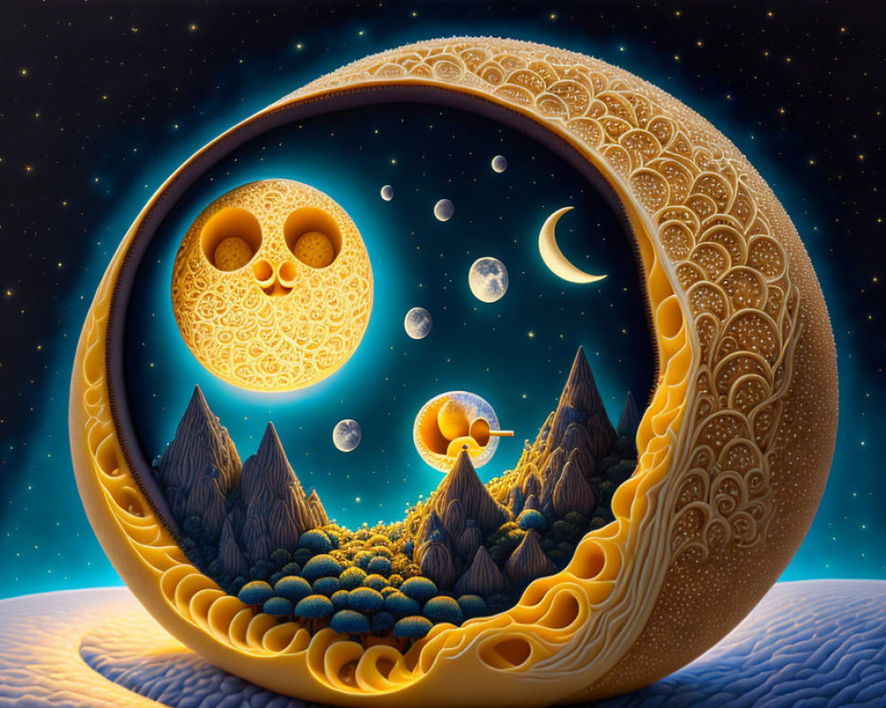 Surreal circular landscape with moon face, stars, mountains, boat, and crescent frame.