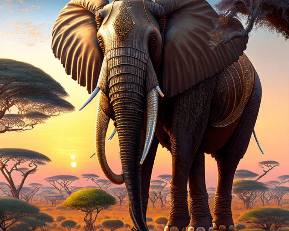 Majestic elephant with intricate patterns in savanna sunset