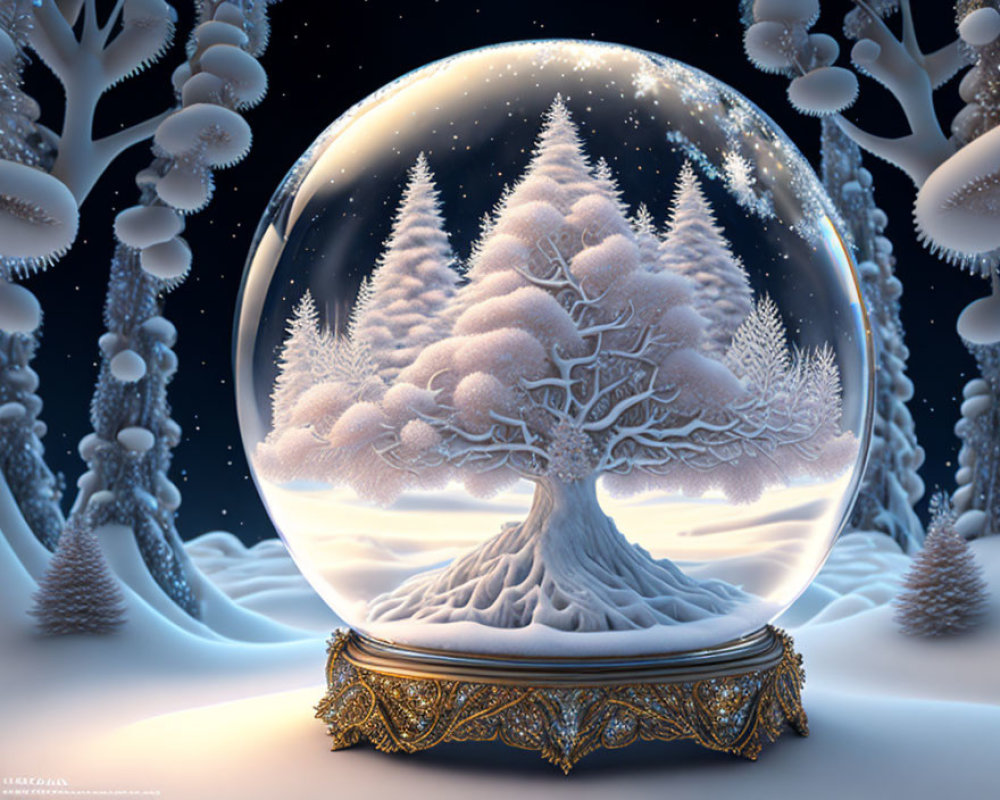 Snow-covered tree in crystal ball amid frosty forest & starry night sky