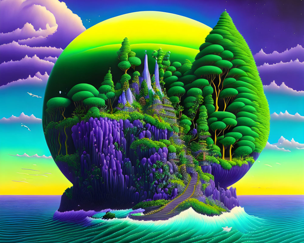 Surreal landscape with floating island, greenery, and purple cliffs