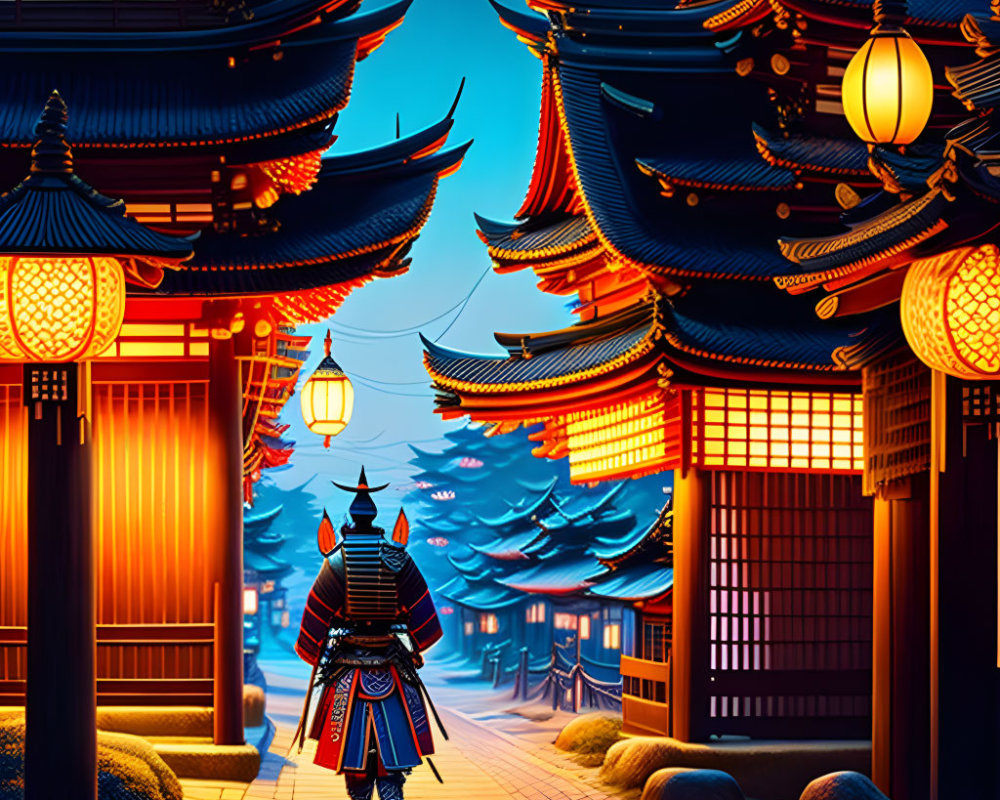 Traditional samurai in armor at serene shrine with red gates & pagoda buildings under starry sky