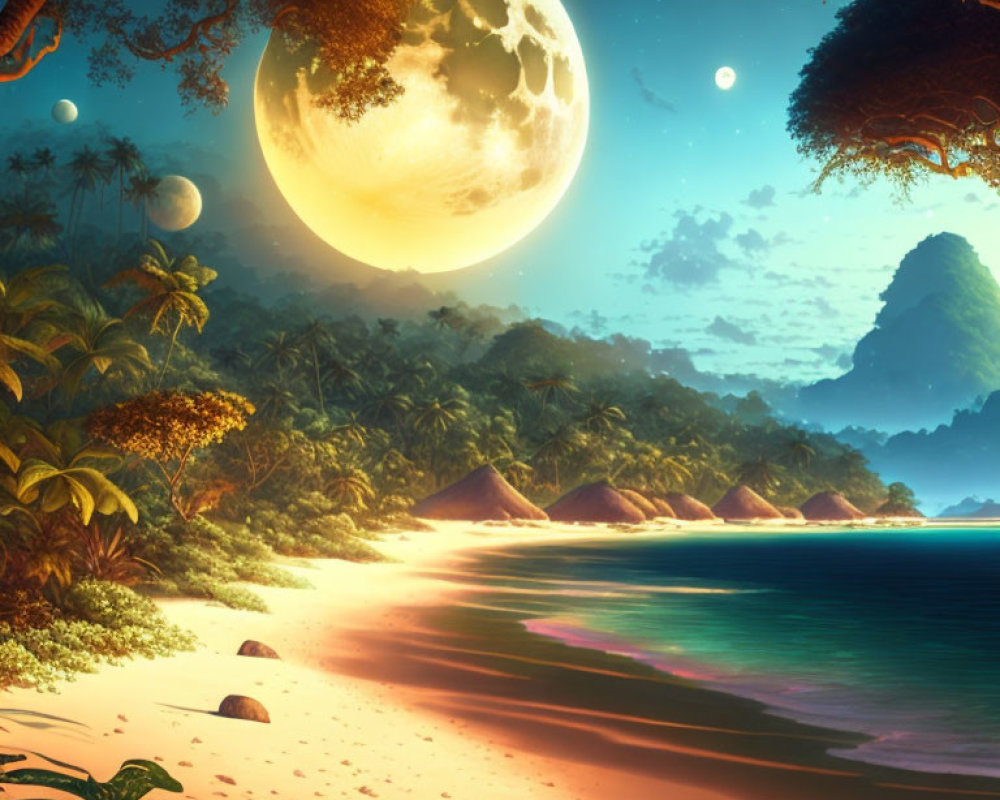 Tranquil beach at twilight with large moon, huts, lush trees, and starry sky