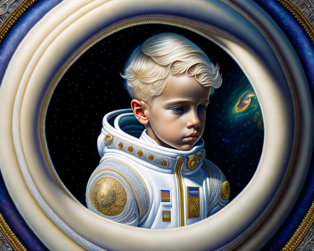 Young boy in white spacesuit surrounded by concentric circles in space.