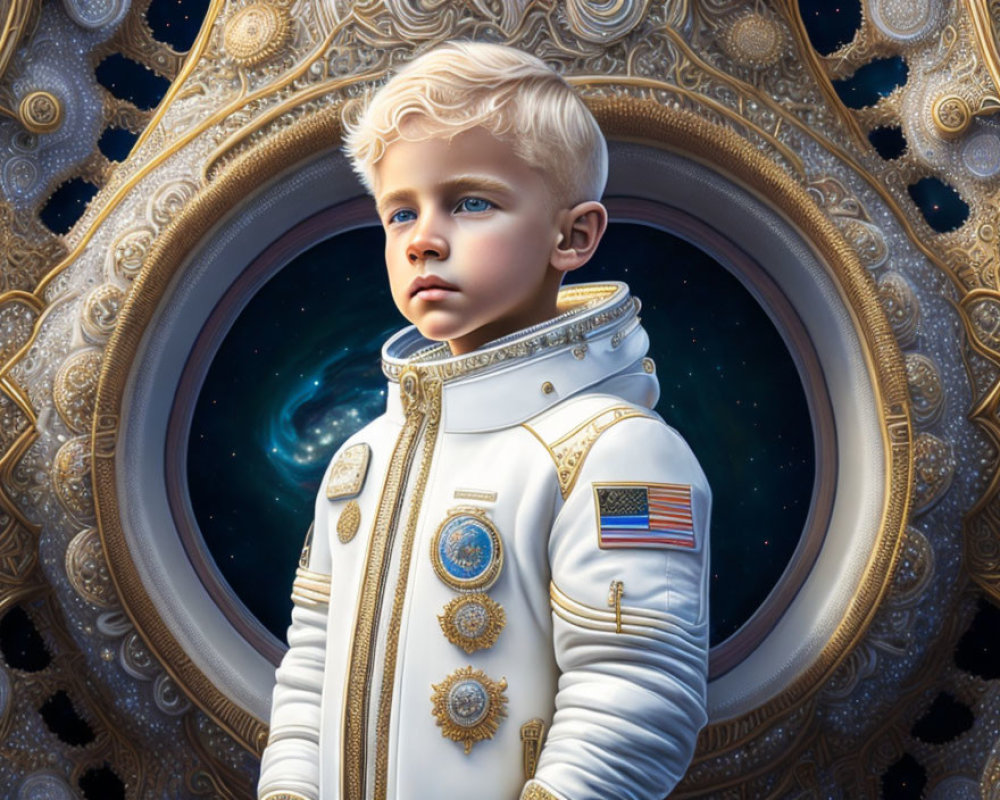 Young Boy in Decorated Astronaut Suit with Celestial Frame in Space