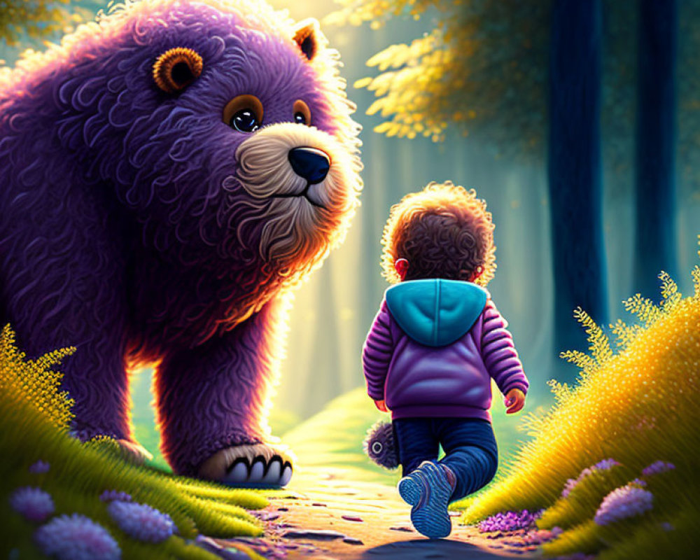 Child Walking with Friendly Purple Bear in Forest Path at Golden Hour