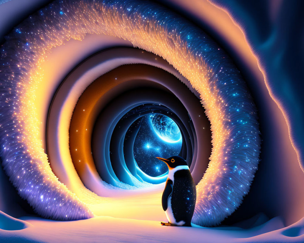 Penguin at entrance of surreal ice tunnel glowing with warm light leading to star-filled galaxy