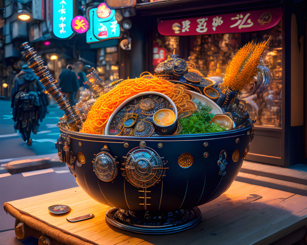 Colorful street food display with noodles, seafood, and veggies against urban backdrop.