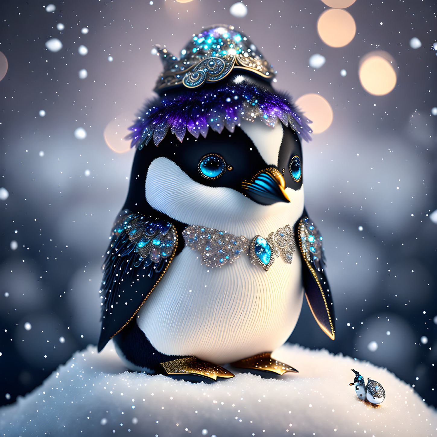 Adorned penguin with sparkling jewelry in snowy setting