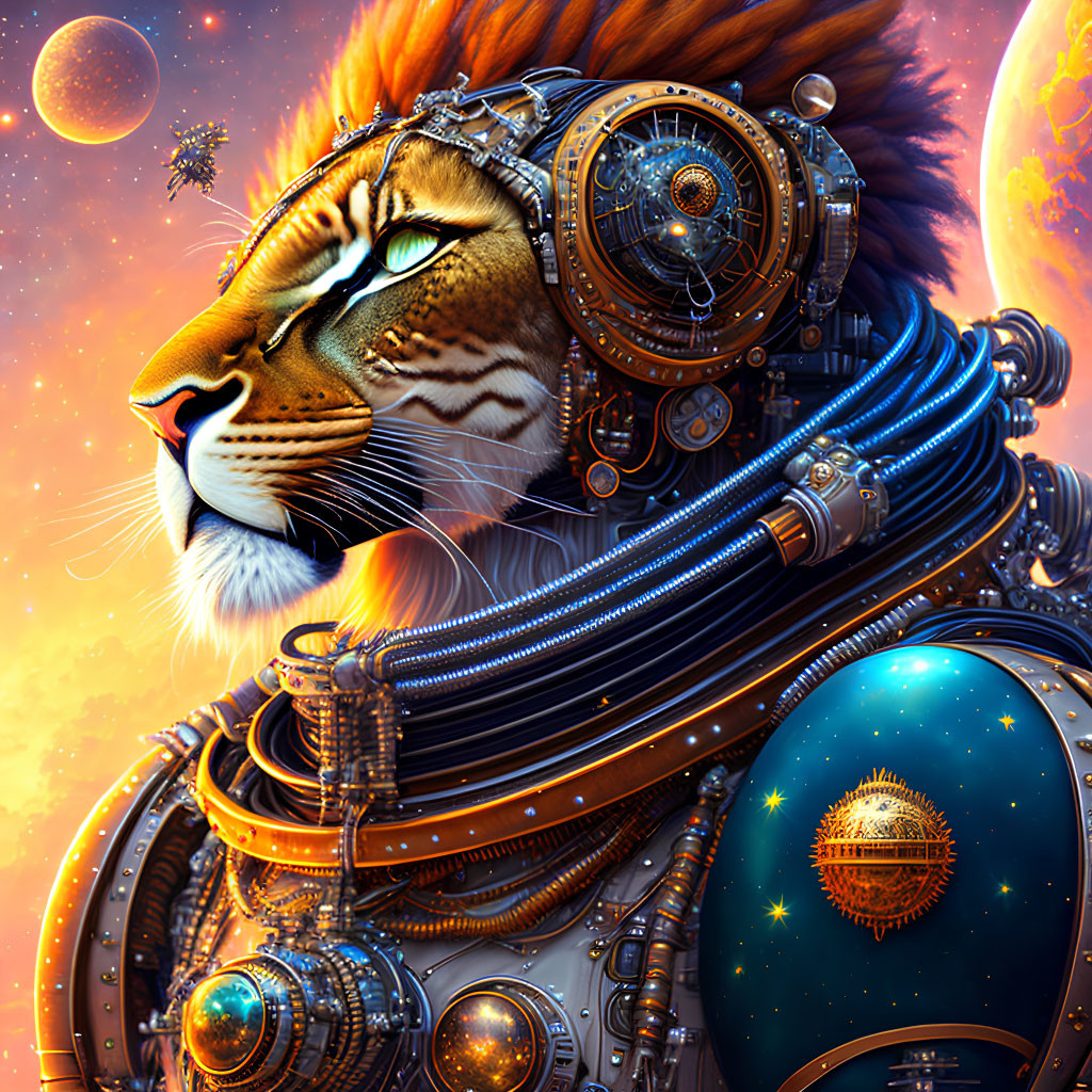 Detailed mechanical tiger art with cosmic backdrop.