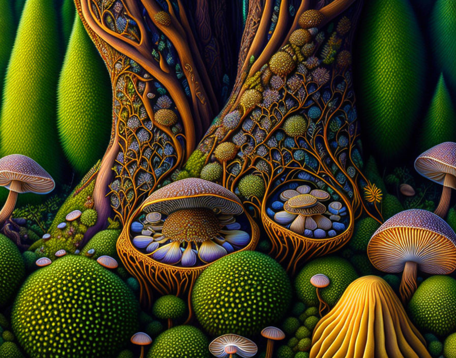 Detailed Vibrant Forest Scene with Colorful Trees, Mushrooms, and Mossy Hillocks