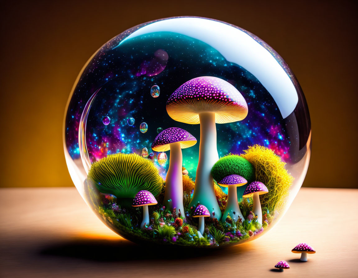 Colorful glass orb with cosmic mushrooms and starry background on wooden surface