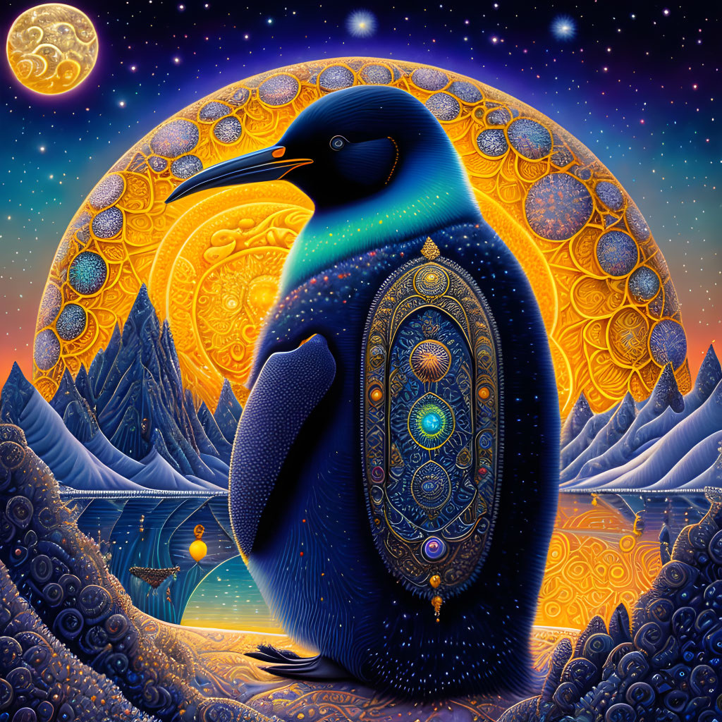 Stylized penguin illustration in celestial landscape