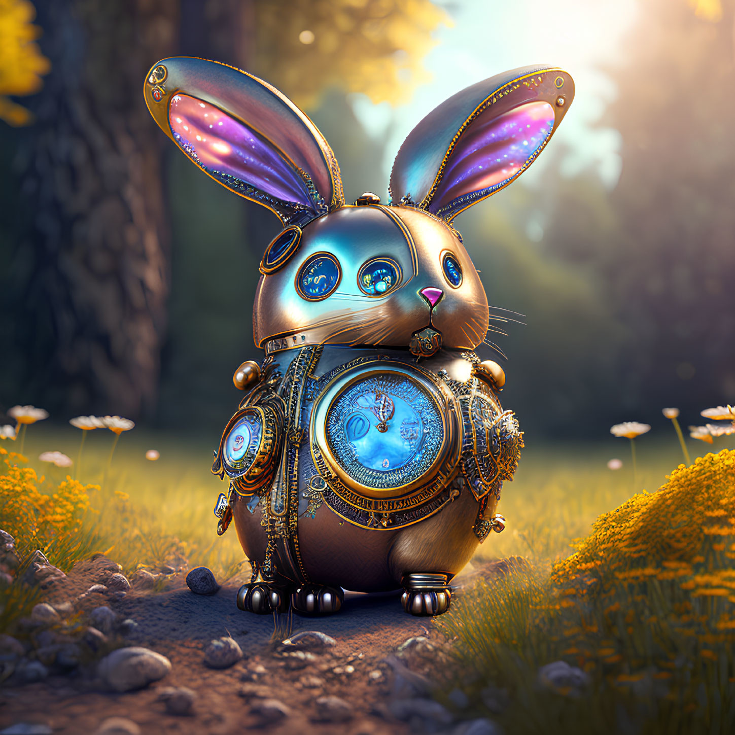 Mechanical rabbit with clock gears, blue eyes, and wings in daisy forest