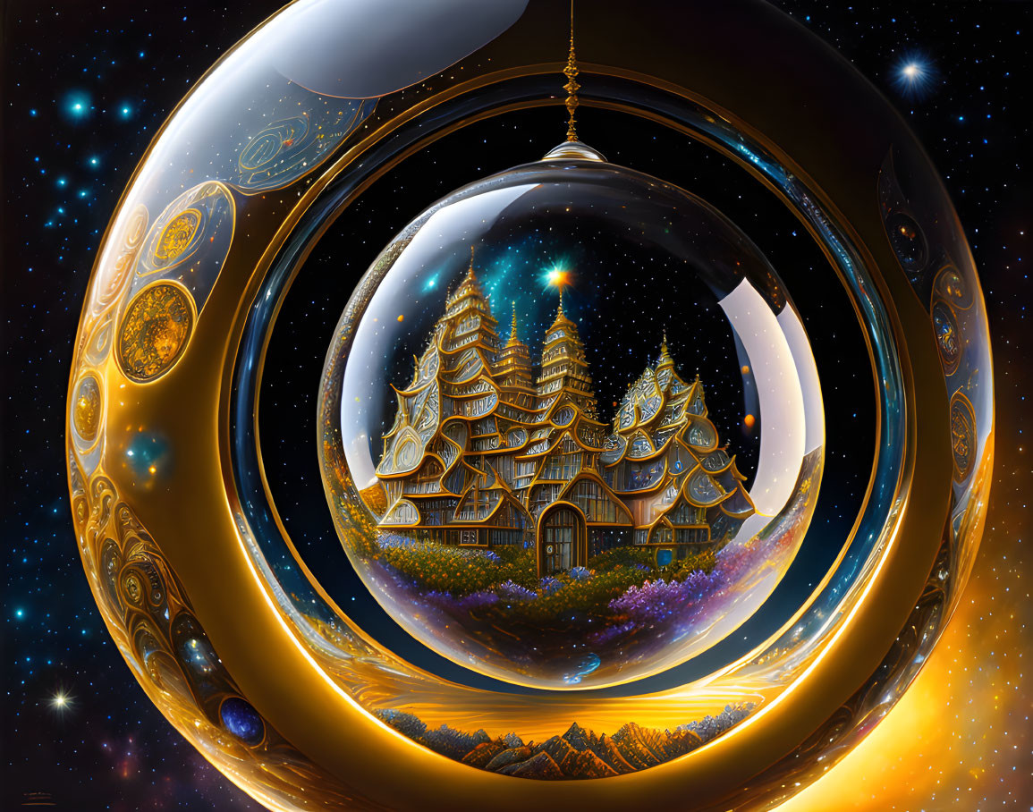 Digital artwork of golden orb with glowing castle on crescent moon.