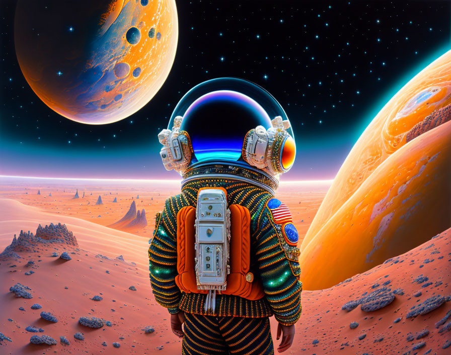 Astronaut on surreal Martian landscape with celestial bodies in sky