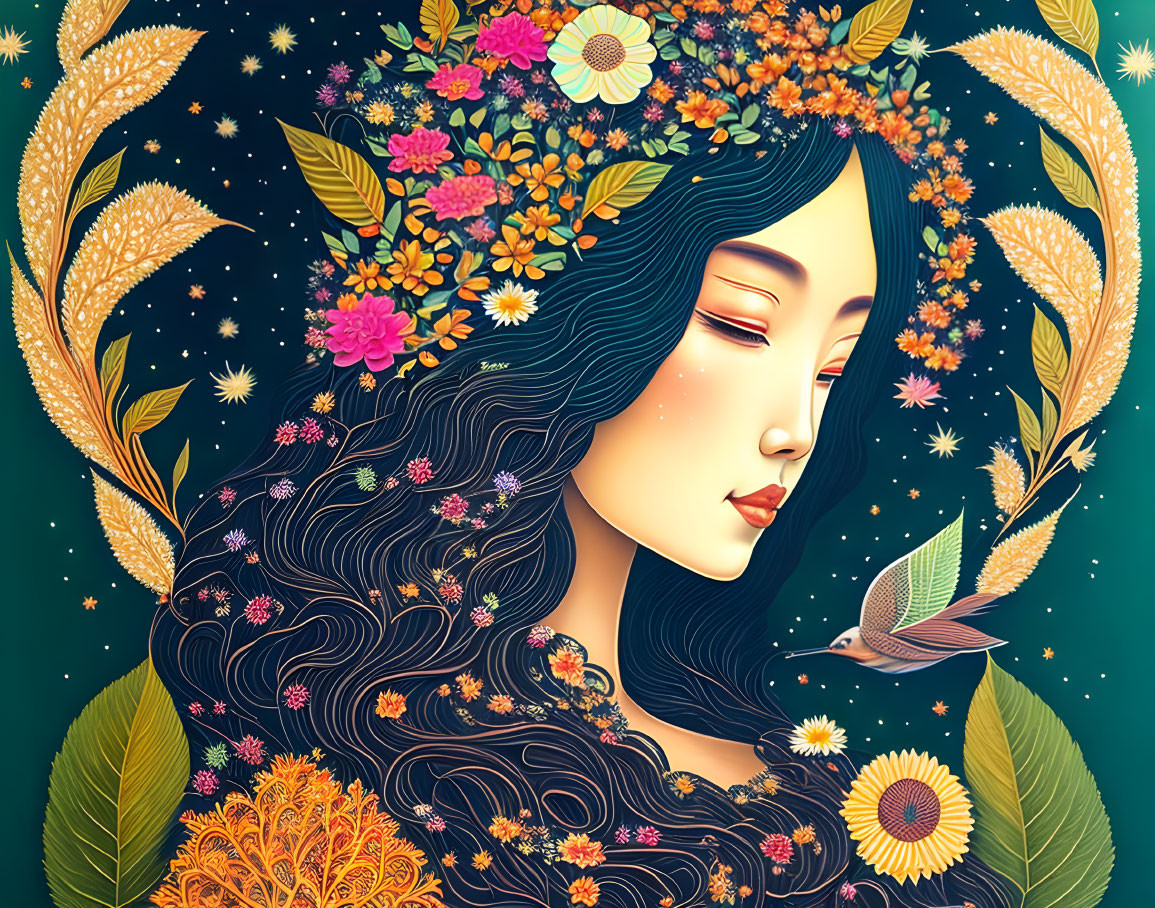 Colorful Woman with Floral Hair and Bird in Starry Night Illustration