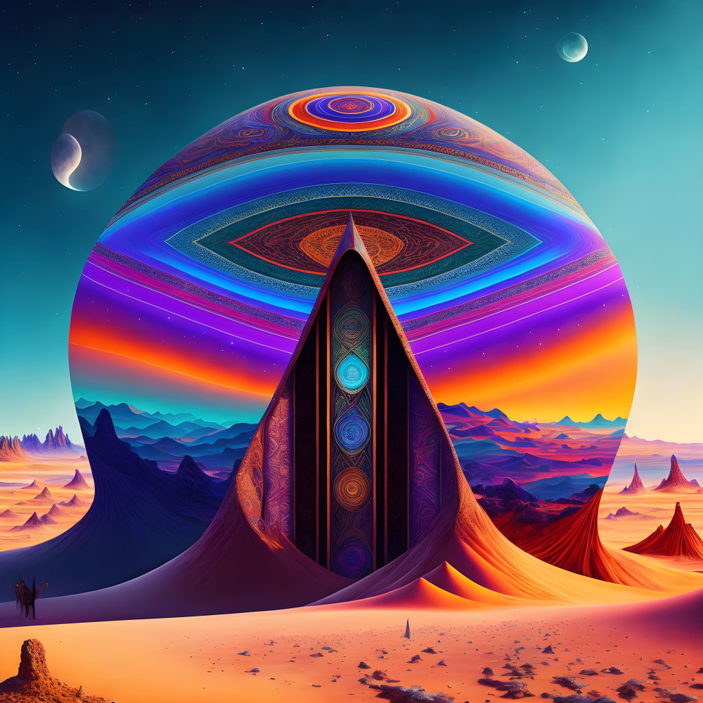 Vibrant surreal desert scene with patterned sphere and dual moons