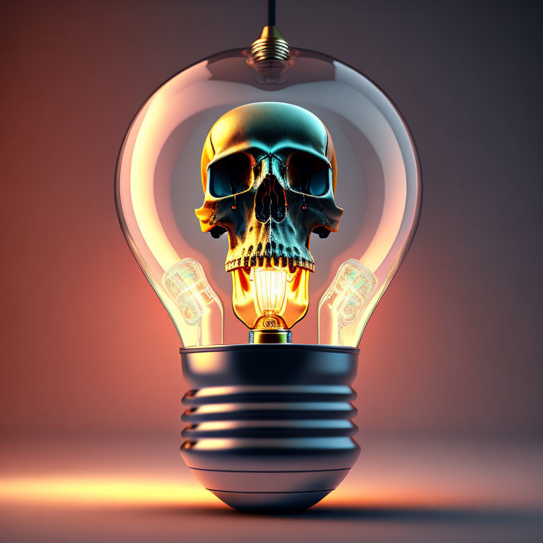 Metallic skull light bulb emitting light against warm backdrop