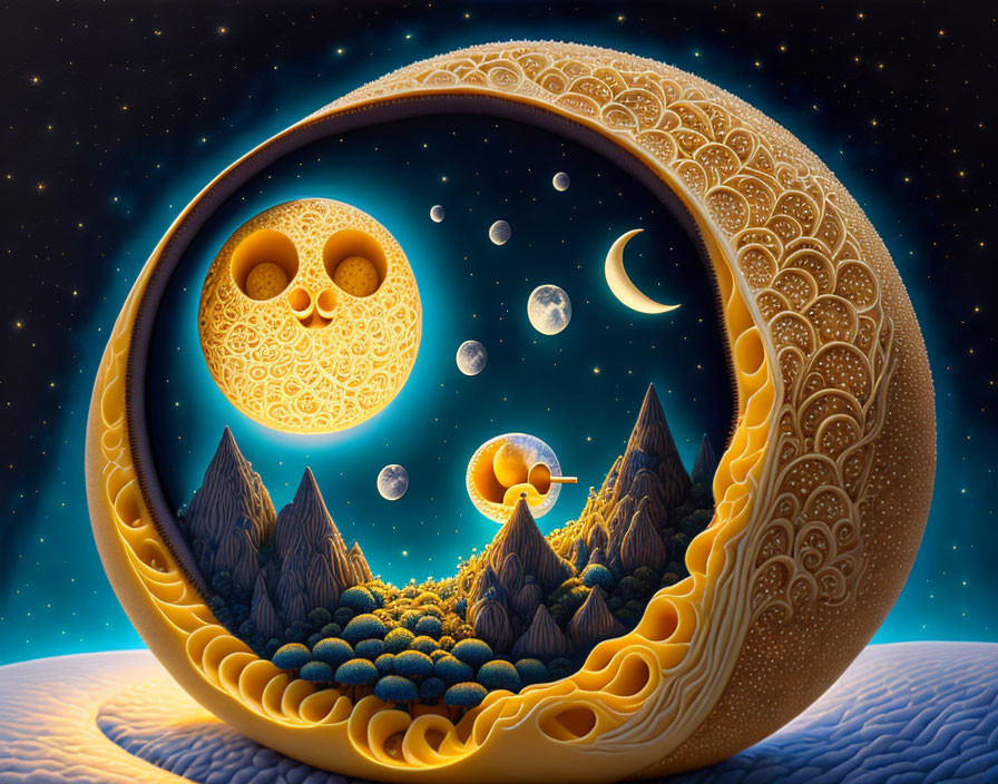 Surreal circular landscape with moon face, stars, mountains, boat, and crescent frame.