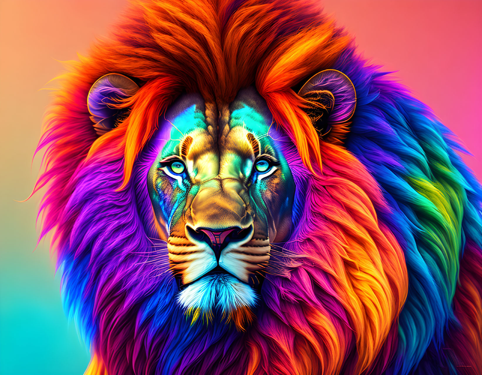 Colorful Lion Artwork with Rainbow Mane on Neon Background