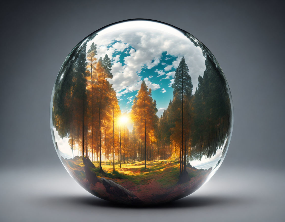 Serene forest scene reflected in crystal ball with sunrays and cloudy sky