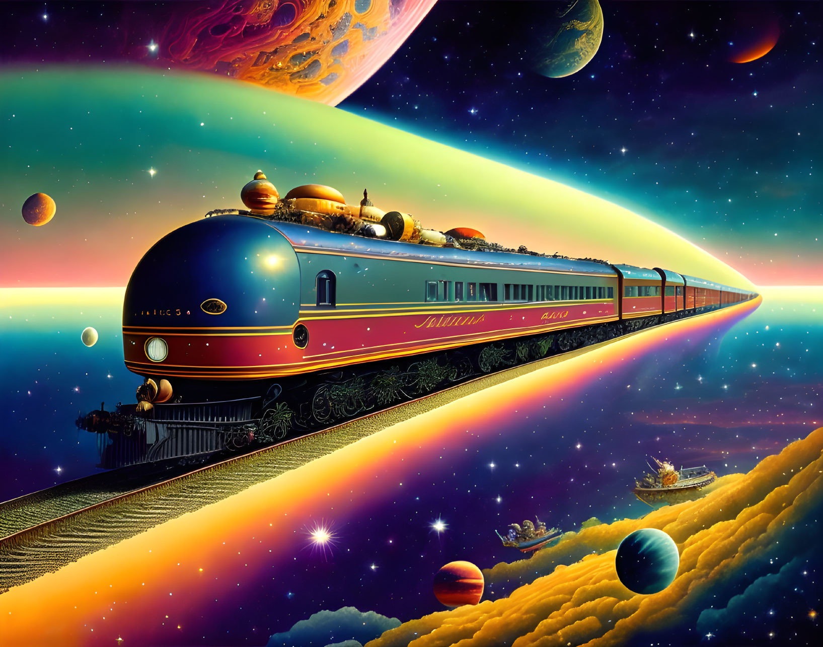 Illustration of vintage train in cosmic space scenery