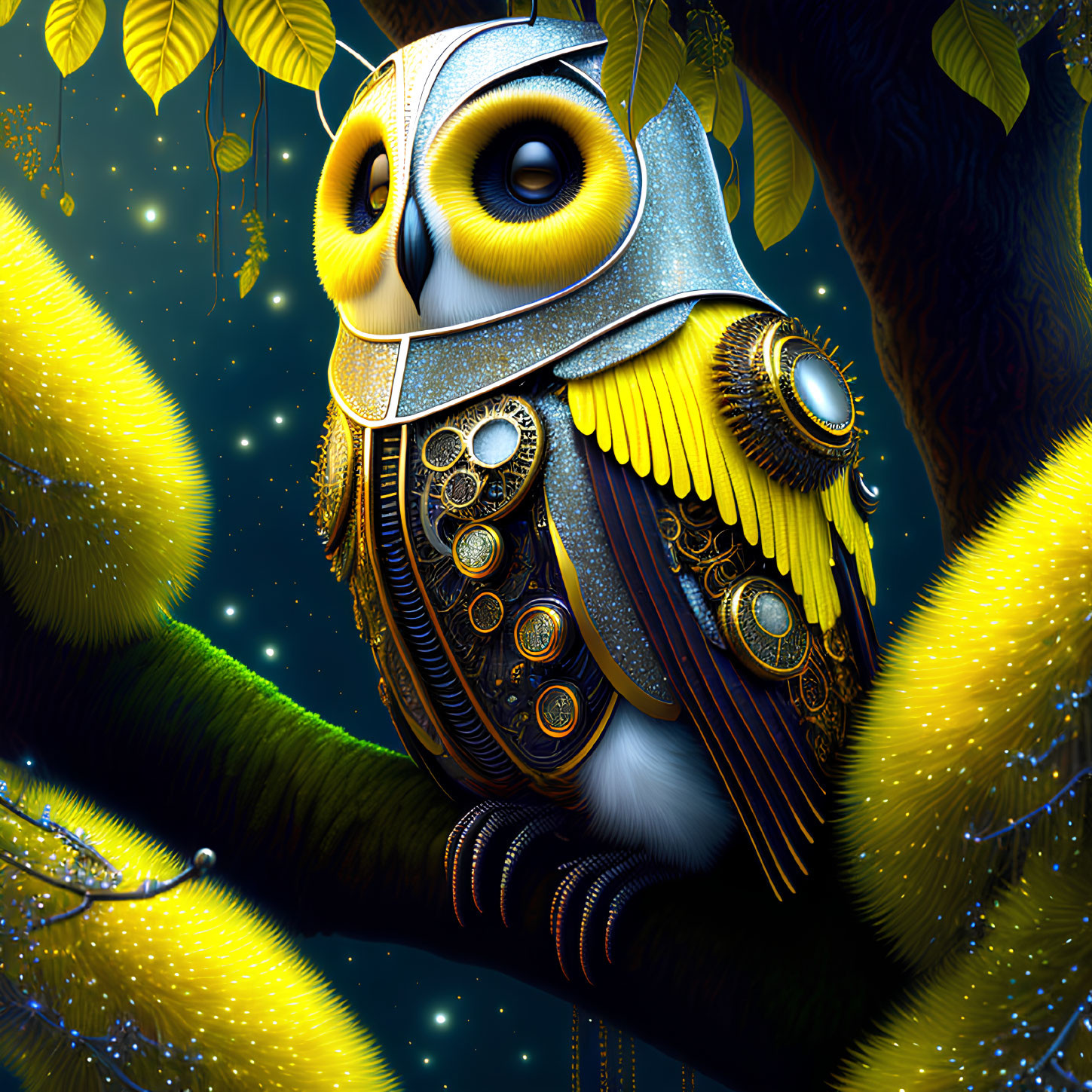 Intricate Mechanical Owl Illustration on Branch at Night