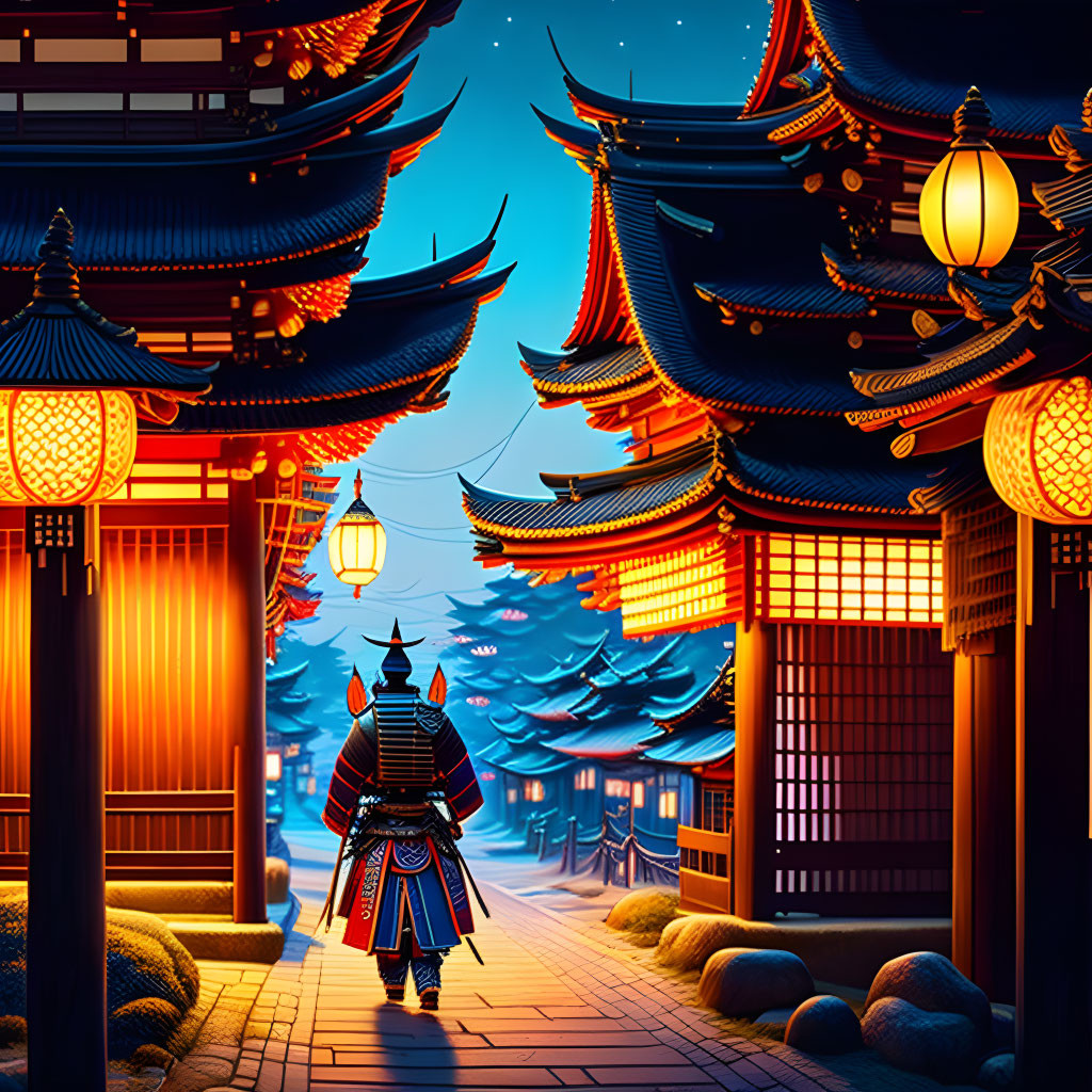 Traditional samurai in armor at serene shrine with red gates & pagoda buildings under starry sky