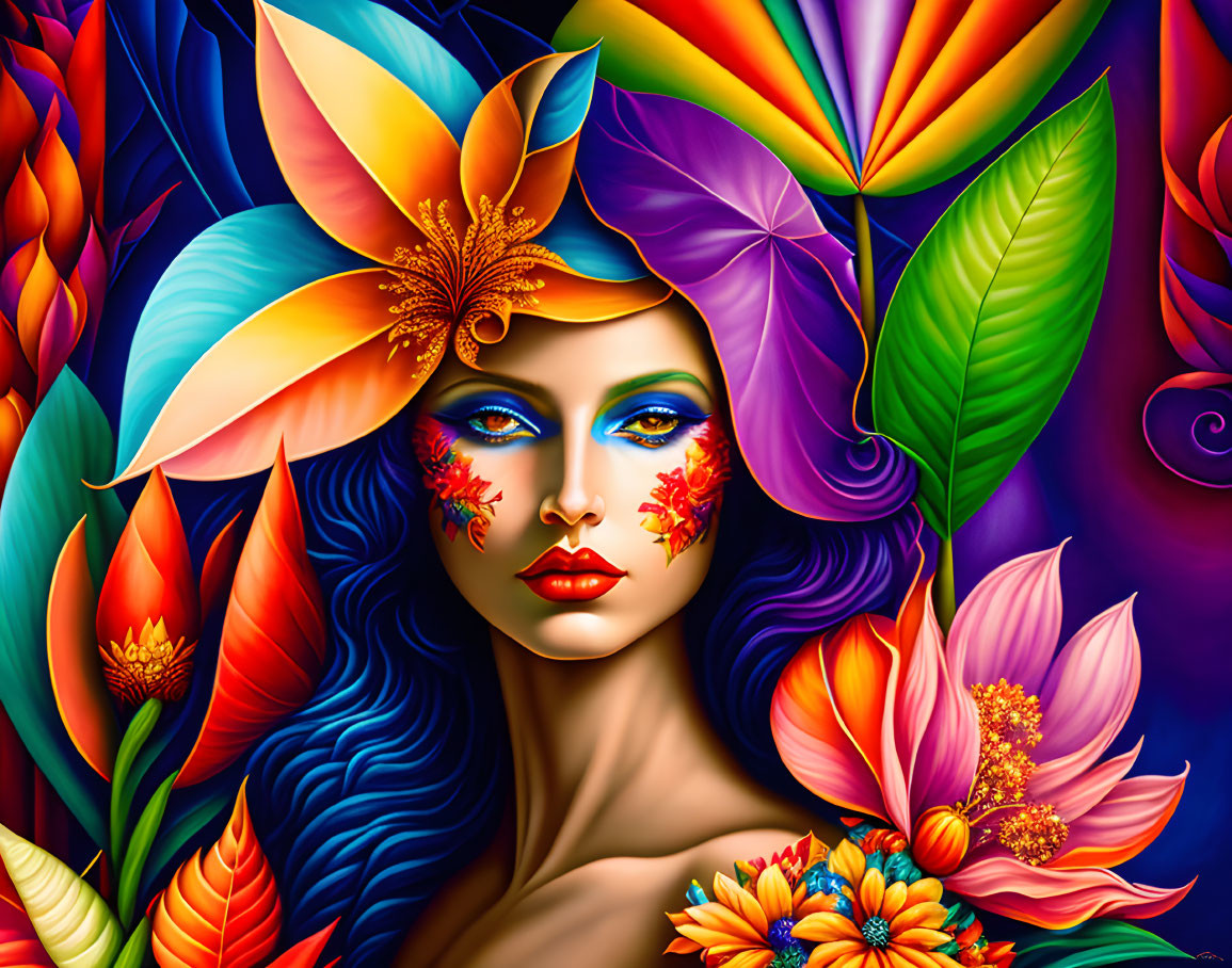 Vibrant digital artwork of a woman with floral hair in colorful hues