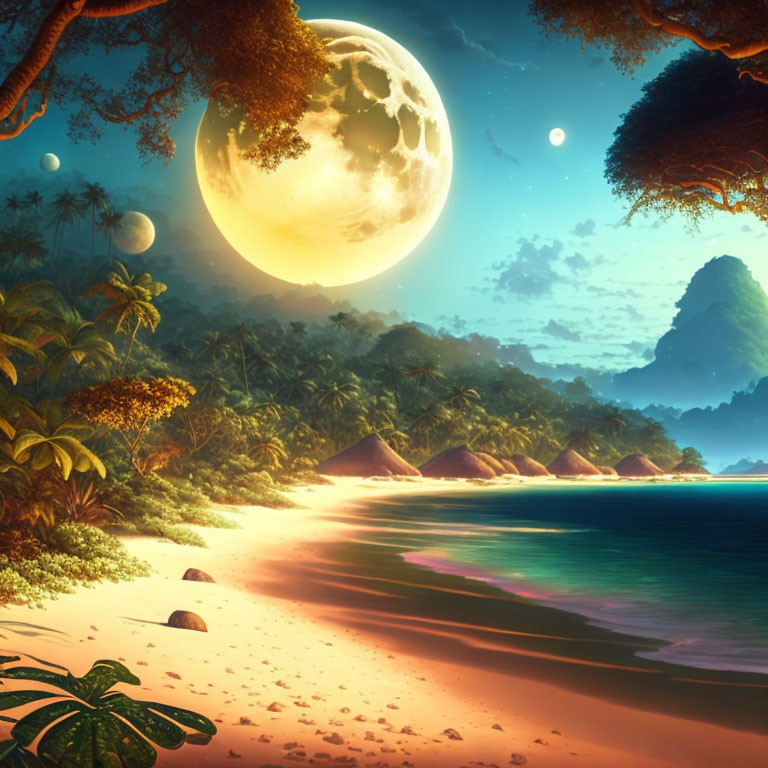 Tranquil beach at twilight with large moon, huts, lush trees, and starry sky