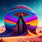 Vibrant surreal desert scene with patterned sphere and dual moons