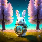 White Rabbit Holding Pocket Watch Among Blooming Trees and Crescent Moon