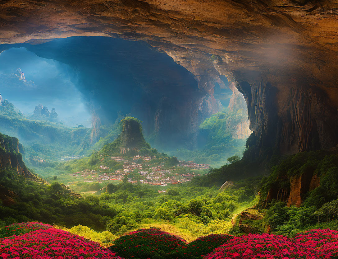 Lush valley with village surrounded by cliffs and pink flowers