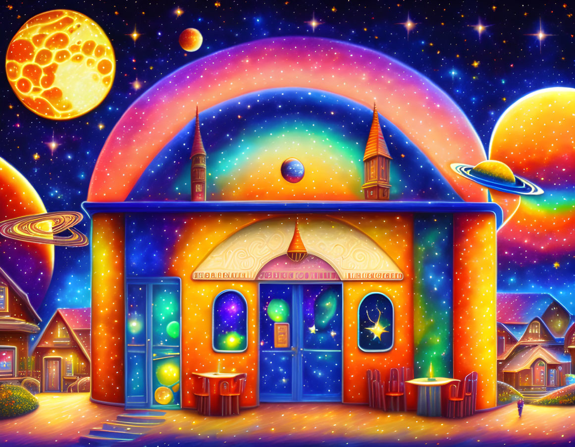 Colorful Fantasy Illustration: Mosque, Crescent Moons, Whimsical Houses, Starry Night