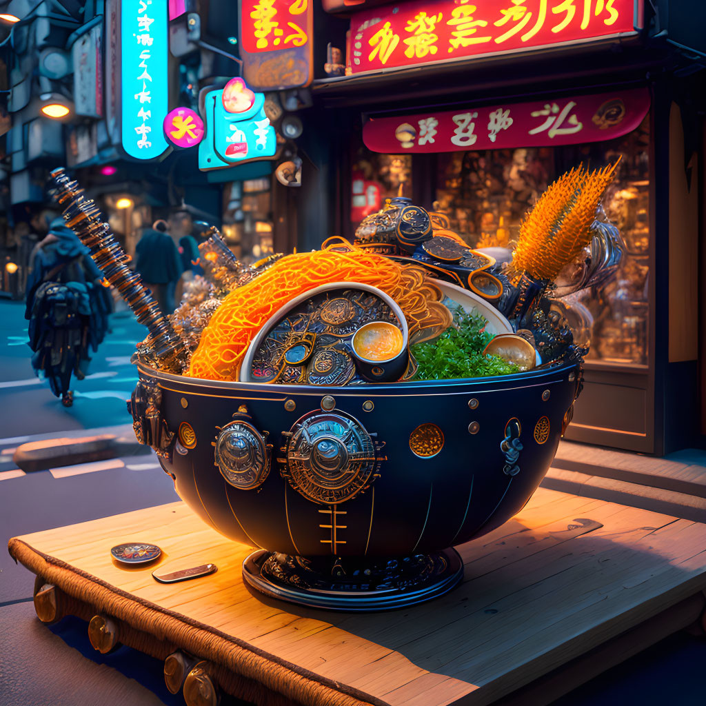 Colorful street food display with noodles, seafood, and veggies against urban backdrop.