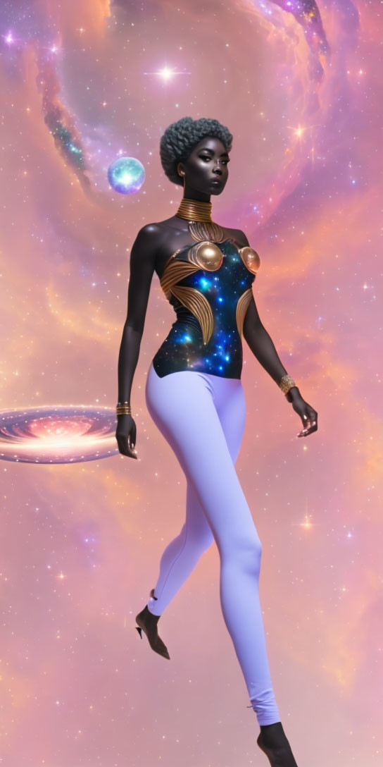 Afro woman in cosmic bodysuit against celestial backdrop