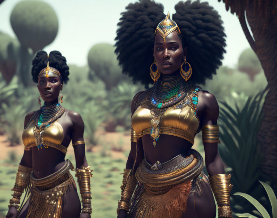 Two women in regal African attire with gold jewelry, standing in desert setting.