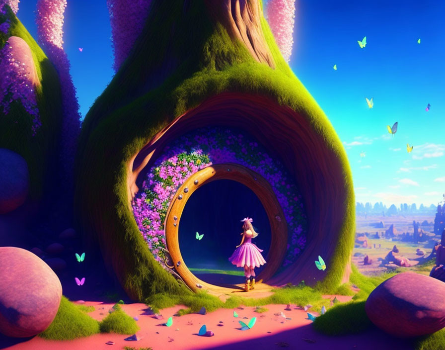 Girl in Pink Dress at Enchanted Tree with Fantasy Landscape