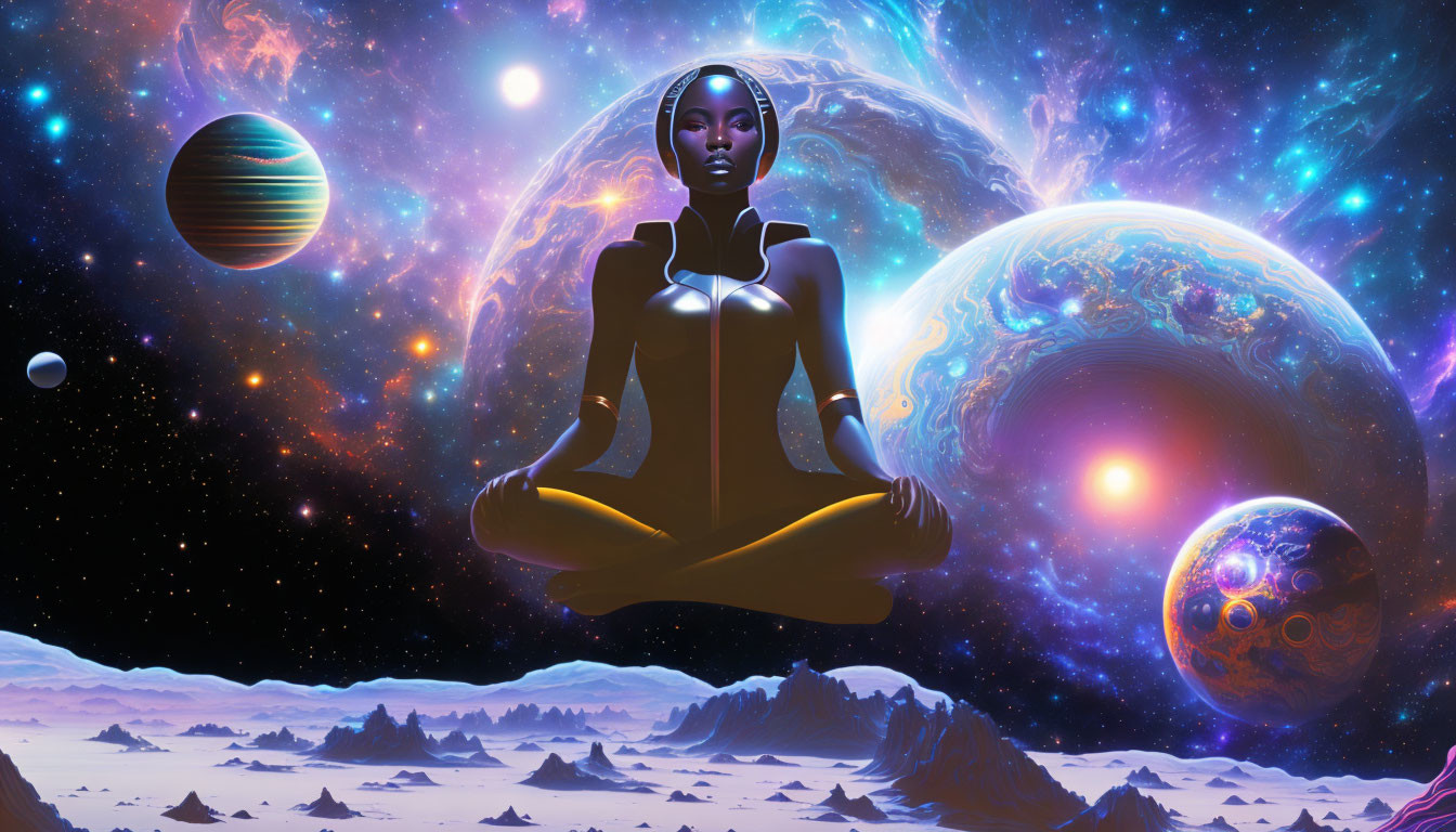 Woman meditating in space surrounded by planets, stars, and cosmic nebula