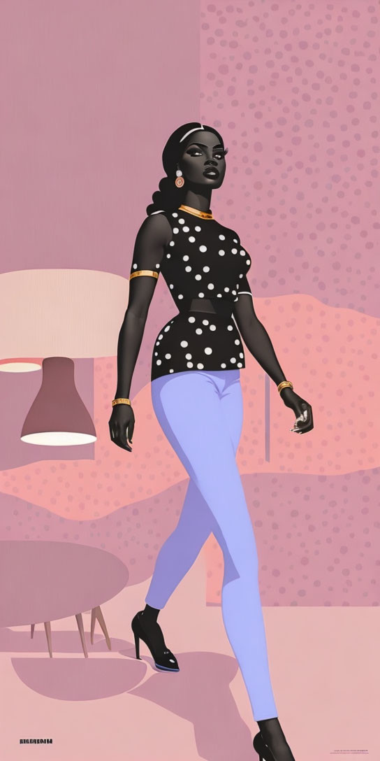 Dark-haired woman in polka-dot shirt and blue pants posing in elegant pink room