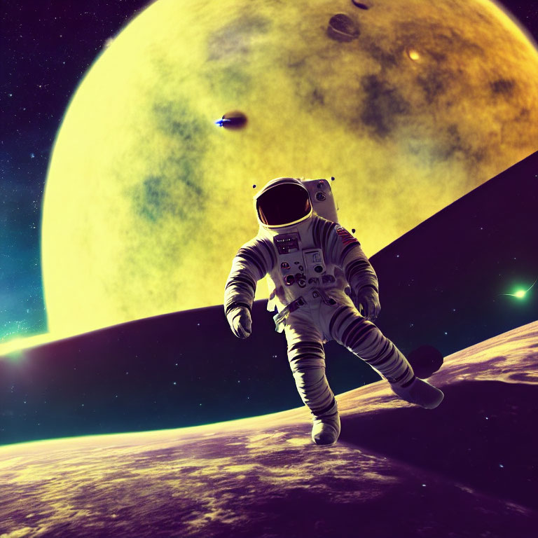 Astronaut floating in space with moon and planets in background