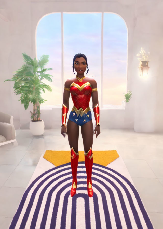 Female superhero digital rendering in Wonder Woman inspired costume in modern room with sunset view.